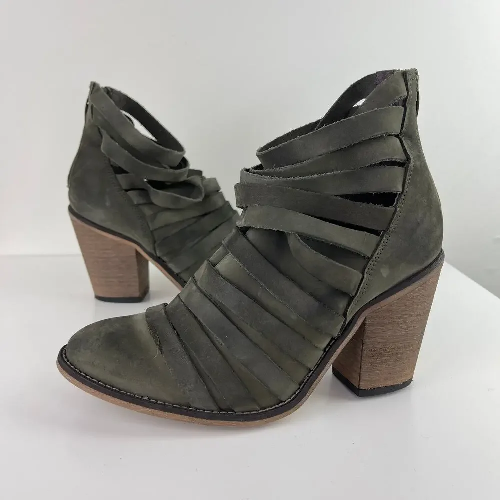 Free People Hybrid Gray Green Leather Strappy Ankle Boots Wood Heel 38 7.5/8